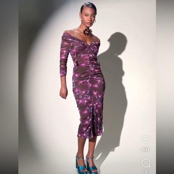 DIANE VON FURSTENBERG / clementine ruched mesh floral midi dress Bodycon XXS - Picture 5 of 13